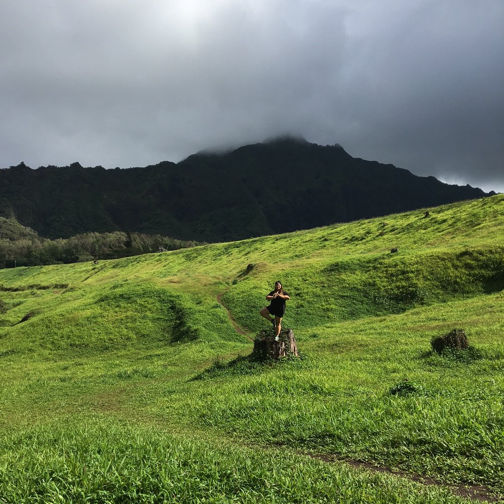 Lulumahu Falls - Tree pose on a tree stump. I love the greenery here! - Hiking Near Me - Honolulu, Hawaii