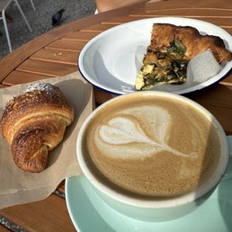 Honey almond latte, brown sugar croissant, and the spinach and ham quiche is pictured :)