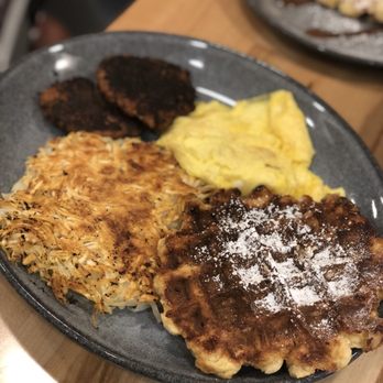 Waffle Stop - Wake N Waffle Breakfast: Pearl Sugar Waffle, scrambled eggs, extra crispy Hash Browns and Uli's Chicken Apple Sausage - Breakfast & Brunch Near Me - Tacoma, Washington Waffle Stop - Wake N Waffle Breakfast: Pearl Sugar Waffle, scrambled eggs, extra crispy Hash Browns and Uli's Chicken Apple Sausage - Breakfast & Brunch Near Me - Tacoma, Washington