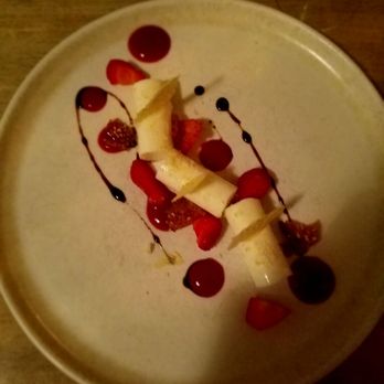 Restaurant Ambra - Chamomile Panna cotta, strawberries, candied sourdough - Italian Near Me - Philadelphia, Pennsylvania Restaurant Ambra - Chamomile Panna cotta, strawberries, candied sourdough - Italian Near Me - Philadelphia, Pennsylvania