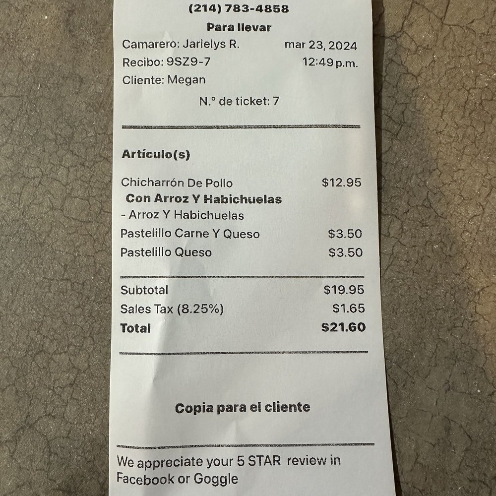 Adobo Puerto Rican Cafe - Receipt of items - great price! - Puerto Rican Near Me - Irving, Texas Adobo Puerto Rican Cafe - Receipt of items - great price! - Puerto Rican Near Me - Irving, Texas