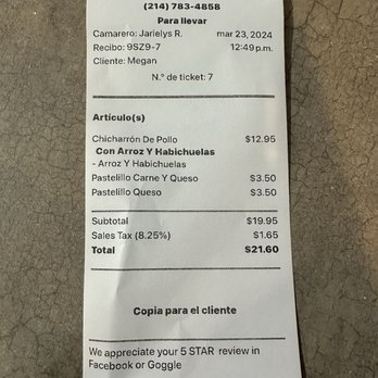 Adobo Puerto Rican Cafe - Receipt of items - great price! - Puerto Rican Near Me - Irving, Texas Adobo Puerto Rican Cafe - Receipt of items - great price! - Puerto Rican Near Me - Irving, Texas