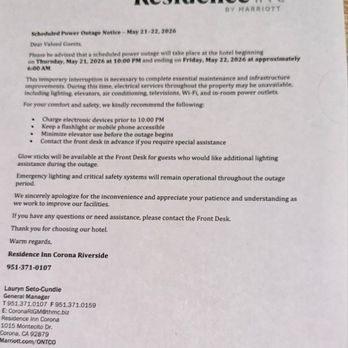 Residence Inn Corona Riverside - Notice of Scheduled Outage at Front Desk - Hotels Near Me - Corona, California Residence Inn Corona Riverside - Notice of Scheduled Outage at Front Desk - Hotels Near Me - Corona, California