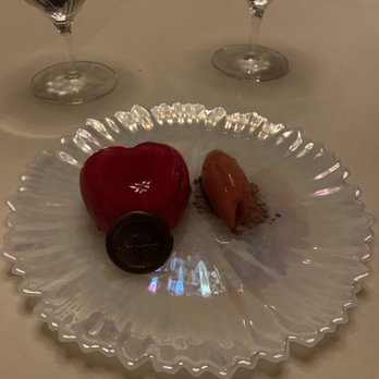 Fait Maison - Anniversary Desert - white chocolate mousse with fresh strawberries and freshly made strawberry sorbet. - French Near Me - Edmond, Oklahoma