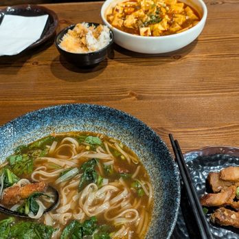 Mr Chopstix - (Szechuan) Mapo Tofu and (Thai) Boat Noodles with Crispy Pork. I took the pork out of the noodles out of preference. - Chinese Near Me - Las Vegas, Nevada