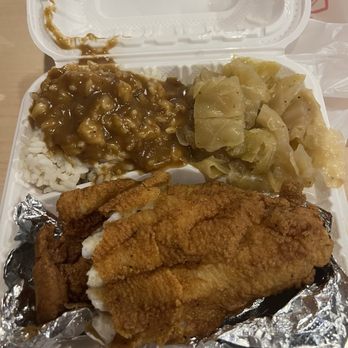 8020 Eatery - Fried catfish with rice and gravy and cabbage - Lounges Near Me - Virginia Beach, Virginia