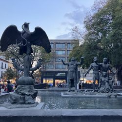 Plaza de la Fundación - Monument celebrating foundation of Mexico: eagle devouring snake on nopal was a sign for migrants to settle in 1325