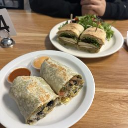 Breakfast Burrito, Chicken Pesto Sandwich Breakfast Burrito, Chicken Pesto Sandwich