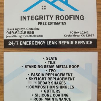 Integrity Roofing Services - Integrity Roofing business card. Jesus is great to work with. - Business card for Integrity Roofing, offering free estimates and 24/7 leak repair, with contact info and list of roofing services. - Roofing Near Me
