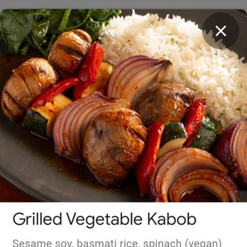 Weber Grill Restaurant - grilled vegetable kabob. description includes "sesame soy, basmati rice, spinach (vegan)" and the picture clearly shows rice and spinach - Barbeque Near Me - Schaumburg, Illinois