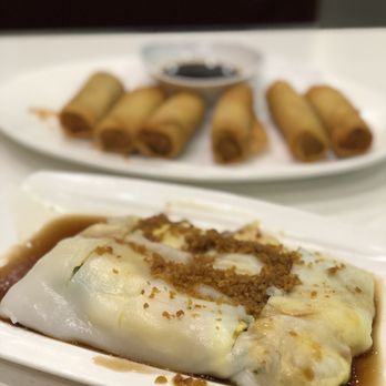 New Fusion - Shrimp rice noodle roll with egg ($7.99) with spring rolls ($7) - Asian Fusion Near Me - Arcadia, California New Fusion - Shrimp rice noodle roll with egg ($7.99) with spring rolls ($7) - Asian Fusion Near Me - Arcadia, California