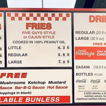 Five Guys - 10/6/23 menu with prices - Burgers Near Me - Fishkill, New York