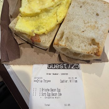 Panera Bread - Supposed to be a brioche bacon and egg sandwich.  They gave us 2 scrambled egg on ciabatta.  They have never gotten an order right. - Sandwiches Near Me - Mooresville, North Carolina