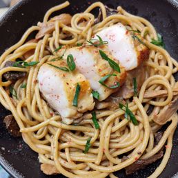 Made some pan seared monkfish with Sonoran Pasta Co fresh bucatini and uni butter sauce, all ingredients from Nelson's. Made some pan seared monkfish with Sonoran Pasta Co fresh bucatini and uni butter sauce, all ingredients from Nelson's.