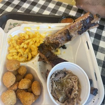 C & K Smokehouse BBQ - Combo platter... we ribs & pulled pork, mac/cheese and fried okra. - Barbeque Near Me - Parrish, Florida