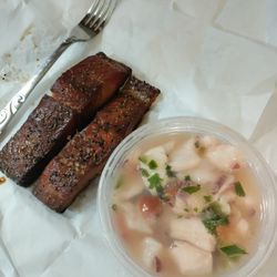 Pacific Ocean Harvesters - Tourist TRAP: Does this look like $39.00 worth of seafood to you? Smoked salmon $27 + rockfish ceviche (needs salt) $12 *sadness*