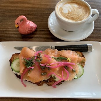 2 Birds Coffee - Caramel cappuccino and Salmon Fancy Toast - Coffee & Tea Near Me - Miramar Beach, Florida