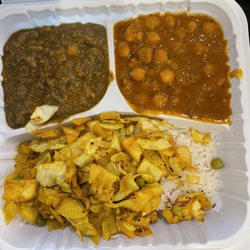 Flavors of India - 3 Veggie Dishes with Rice: Dal, Chana Masala, Cabbage and Peas