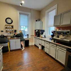 Griddle and Grind - The coffee preparations area behind the order counter.