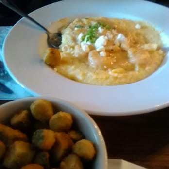 Mayfel's - Shrimp and grits and side of fried okra.  Excellent. - Southern Near Me - Asheville, North Carolina