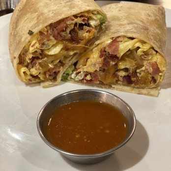 Cafe De Olla - Bacon breakfast burrito with eggs, cheese , hash browns and avocado. - American Near Me - Monrovia, California Cafe De Olla - Bacon breakfast burrito with eggs, cheese , hash browns and avocado. - American Near Me - Monrovia, California
