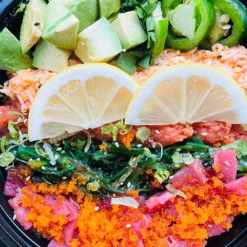 Hooked On Sushi - San Marcos - Poke Bowl (before mixing) - Japanese Near Me - San Marcos, California Hooked On Sushi - San Marcos - Poke Bowl (before mixing) - Japanese Near Me - San Marcos, California