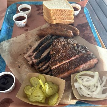 Franklin Barbecue - Cheddar Jalapeño Sausage, Pork Ribs (right) , Brisket - Barbeque Near Me - Austin, Texas