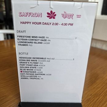 Saffron - happy hour menu 2/2 - Indian Near Me - San Carlos, California