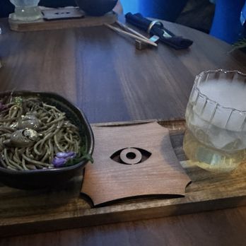 Labyrinth Workshop - 1st course - green tea noods with edible flowers, mushrooms, and cocktail. - Cocktail Bars Near Me - Buffalo, New York
