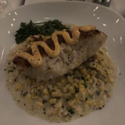 Potato crusted halibut over creamed corn