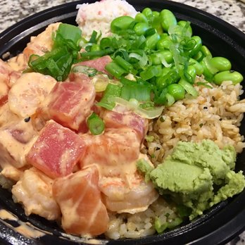 Poke n Salad - Hubby's LARGE Ahi, Shrimp & Salmon Bowl...house poke sauce on brown rice & chipotle mayo on the fish! - Poke Near Me - Temecula, California Poke n Salad - Hubby's LARGE Ahi, Shrimp & Salmon Bowl...house poke sauce on brown rice & chipotle mayo on the fish! - Poke Near Me - Temecula, California