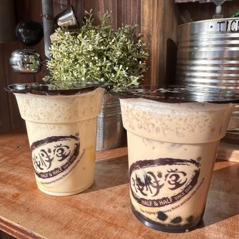 Half & Half Tea Express - Almond Milk Green Tea w/ Pudding (left) Rose Green Milk Tea w/ Boba and Grass Jelly (right) - Coffee & Tea Near Me - Rowland Heights, California Half & Half Tea Express - Almond Milk Green Tea w/ Pudding (left) Rose Green Milk Tea w/ Boba and Grass Jelly (right) - Coffee & Tea Near Me - Rowland Heights, California