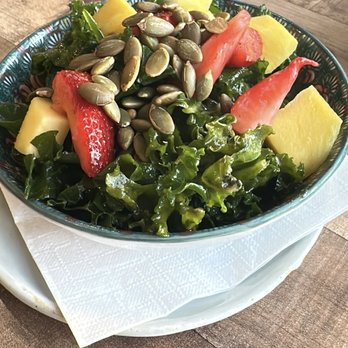 Café Alma - KAM Salad- Massaged kale, avocado, mango, and strawberries. Tossed in our mint vinaigrette and garnished with roasted pepitas - Breakfast & Brunch Near Me - Cincinnati, Ohio Café Alma - KAM Salad- Massaged kale, avocado, mango, and strawberries. Tossed in our mint vinaigrette and garnished with roasted pepitas - Breakfast & Brunch Near Me - Cincinnati, Ohio