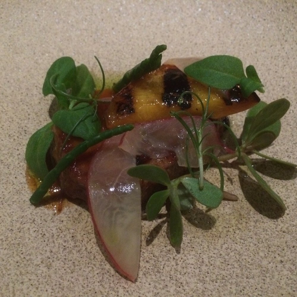 Lazy Bear - Grilled Berkshire Pork shoulder w grilled peaches and love !! One of my favorites off the new menu ! Seriously tops ! - New American Near Me - San Francisco, California