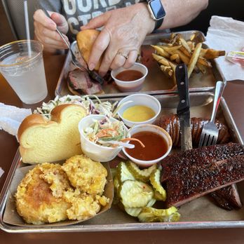 Stiles Switch BBQ & Brew - Two 2 Meat Plate with pork ribs and sausage with Corn Casserole and Switch Cole Slaw - Barbeque Near Me - Cedar Park, Texas