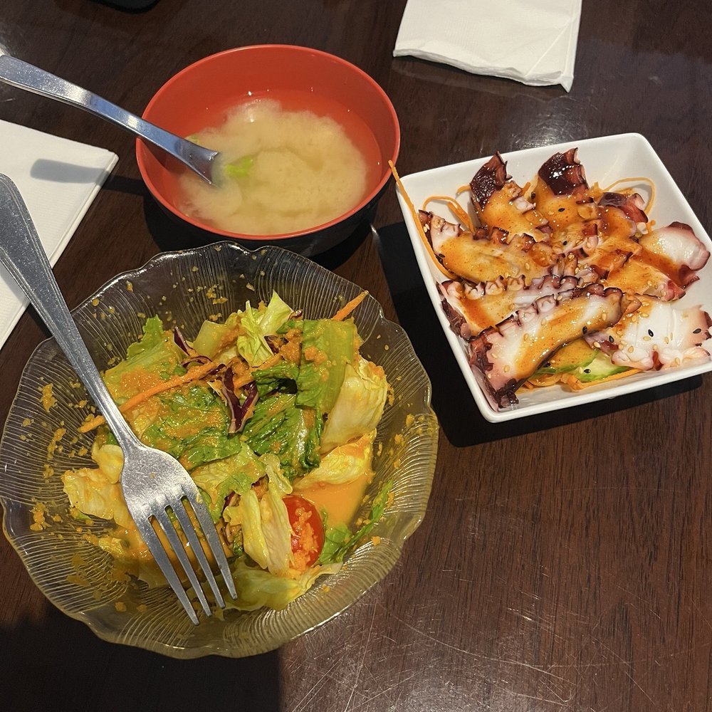 Salad, miso soup, spicy octopus Salad, miso soup, spicy octopus