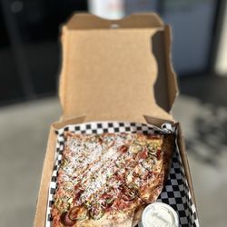 SLICE Hot Stuffs: roasted garlic red sauce, ezzo cup & char pepperoni, jalapenos, fresh grated parmesan, Mike's hot honey w/Wowee Sauce | $9