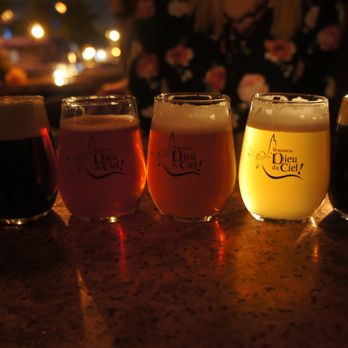 Dieu du Ciel - Degustation ($2.50 each); cocoa & vanilla stout, raspberry sour wheat, juniper berry white, Belgian hibiscus wheat and imperial coffee stout - Brewpubs Near Me - Montreal, Quebec Dieu du Ciel - Degustation ($2.50 each); cocoa & vanilla stout, raspberry sour wheat, juniper berry white, Belgian hibiscus wheat and imperial coffee stout - Brewpubs Near Me - Montreal, Quebec
