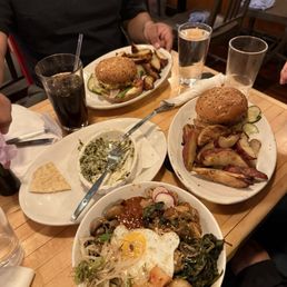 Spinach Artichoke Dip, Bowl-Bim-Bap, burgers