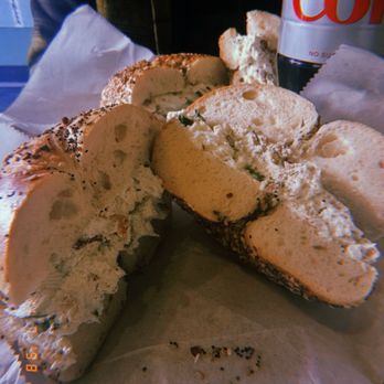 Tompkins Square Bagels - Bacon scallion cream cheese on an everything bagel. - Bagels Near Me - New York, New York Tompkins Square Bagels - Bacon scallion cream cheese on an everything bagel. - Bagels Near Me - New York, New York