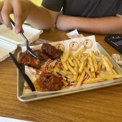 Lins Korean Fried Chicken - Boneless wings with Spicy Signature sauce, Seasoned fries