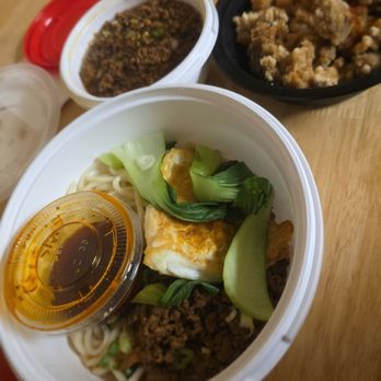 Mian - My to-go order: chengdu jajang mian, popcorn chicken, & steamed egg w/ minced meat - Szechuan Near Me - San Gabriel, California
