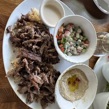 Ammatoli - Beef Shawarma Plate with Mutabbal (side order) and Tahini Salad - Mediterranean Near Me - Long Beach, California