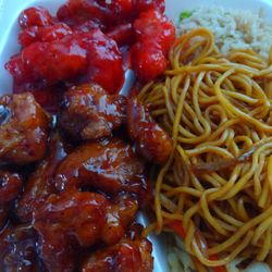 C & T Food Mart - Combo with half & half Chow Mein and Fried Rice, Sweet & Sour chicken and General Tso's chicken (about $12 including tax).
