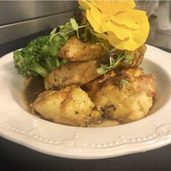 The Restaurant & Bar at Rabun Manor Resort - Pan Roasted Chicken with savory 3 cheese bread pudding and an herb butter pan jus
