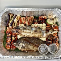 Berto's - Seafood combo platter with pork replaced by chicken.