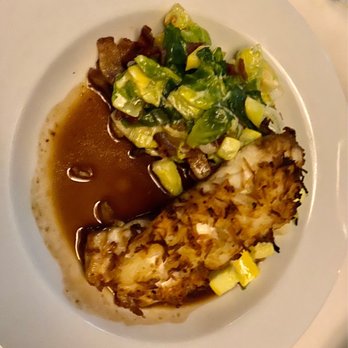 Elizabeth On 37th - Potato crusted fish with creamy Brussels sprouts - New American Near Me - Savannah, Georgia Elizabeth On 37th - Potato crusted fish with creamy Brussels sprouts - New American Near Me - Savannah, Georgia
