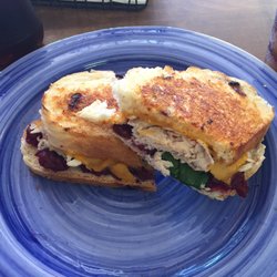 Ground On Main - Turkey, cheddar, spinach & a healthy amount of cranberry sauce (with whole cranberries in it) melted inside white cranberry bread.
