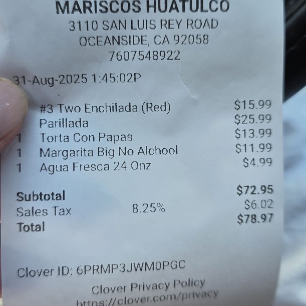 Mariscos Huatulco - Receipt for 4 people - Tacos Near Me - Oceanside, California Mariscos Huatulco - Receipt for 4 people - Tacos Near Me - Oceanside, California