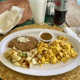 This. Is the scrambled breakfast plate. You have a few choices of what you want mixed. Always fresh and hot. This breakfast plate is $8.50.